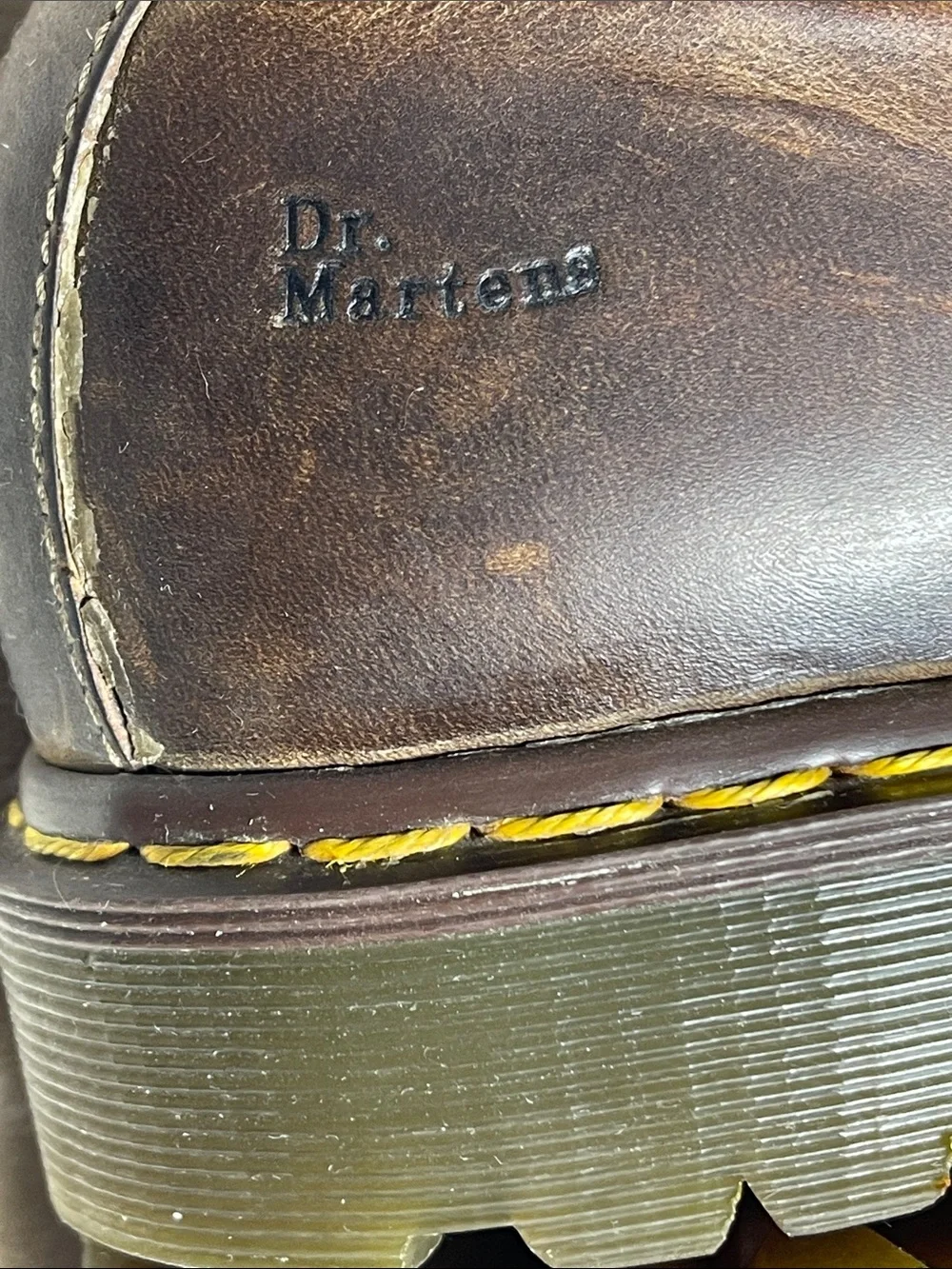 Dr. Martens 1561 Vintage Brown Leather Derby Shoes with Yellow Stitching Size 13